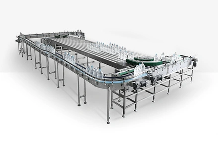 F&P conveying system for cans PET bottle glass bottle cartons shrink wrap